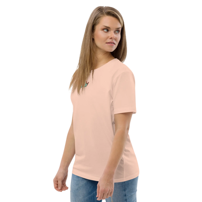 Unisex organic cotton T-shirt, light pink side view with chest logo