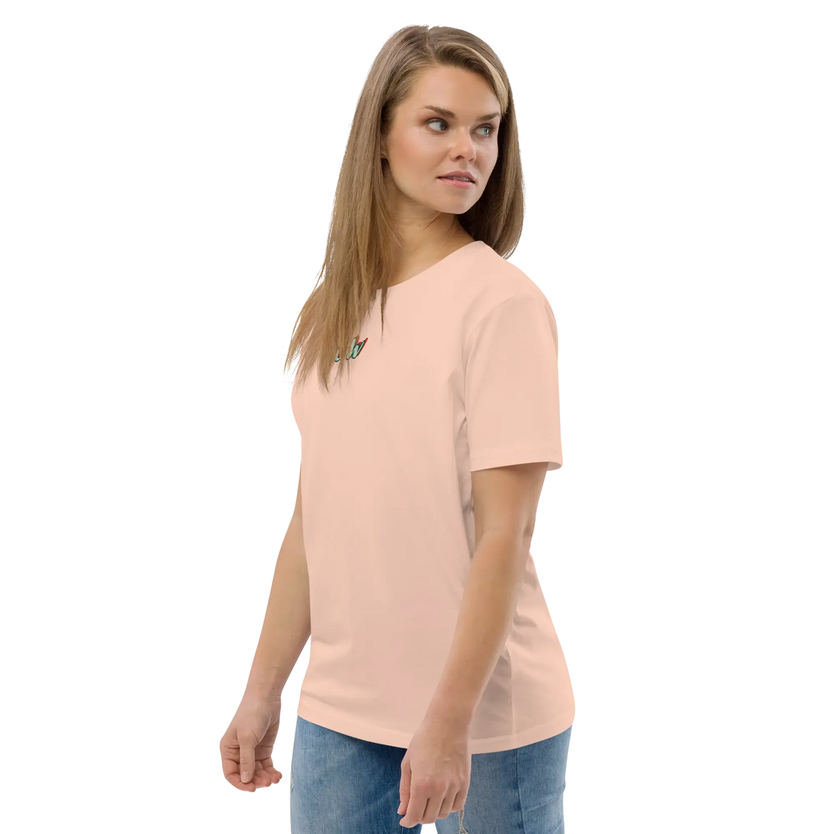 Unisex organic cotton T-shirt, light pink side view with chest logo