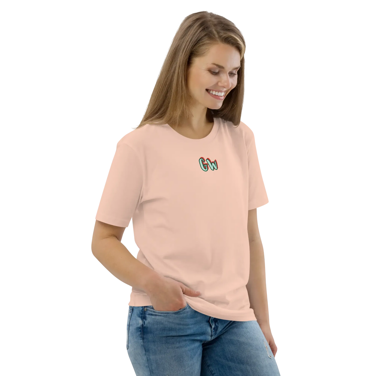 Unisex organic cotton T-shirt, light pink front view with chest logo