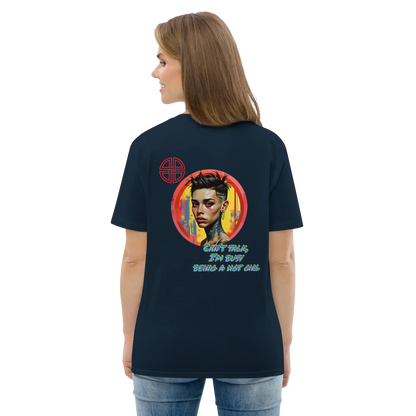 Unisex organic cotton t-shirt, dark navy, back heart portrait graphic, short sleeves