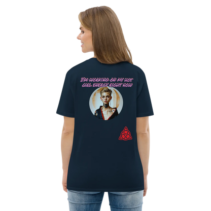 French navy unisex organic cotton T-shirt, back graphic text and portrait circle