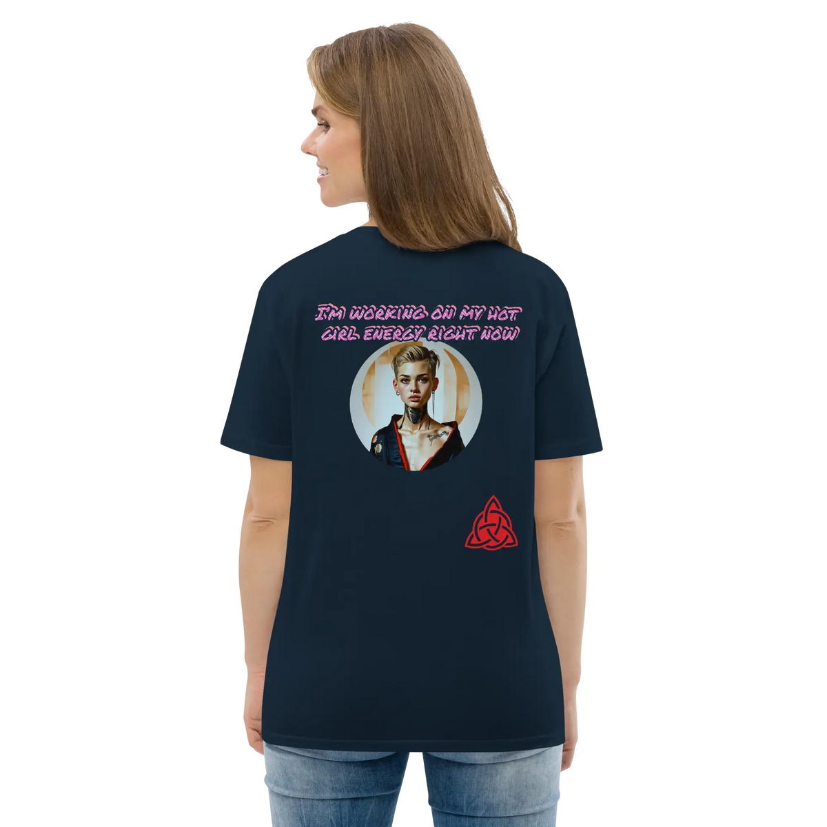 French navy unisex organic cotton T-shirt, back graphic text and portrait circle