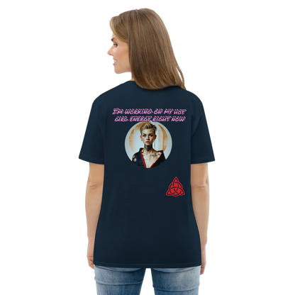 French navy unisex organic cotton T-shirt, back graphic text and portrait circle