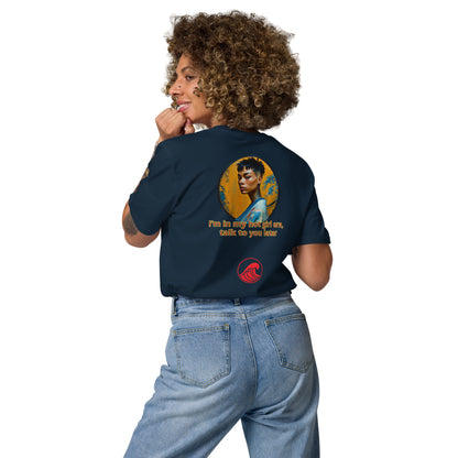 French navy unisex organic cotton T-shirt, large back graphic with portrait and slogan