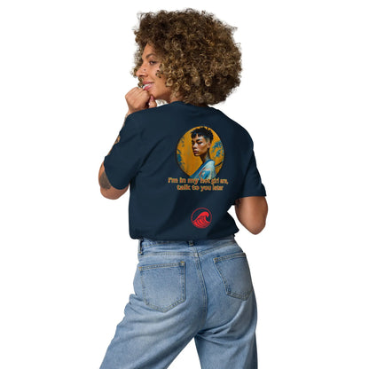 French navy unisex organic cotton T-shirt, large back graphic with portrait and slogan