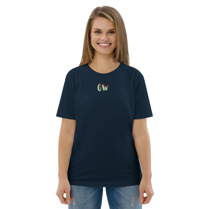 Unisex organic cotton t-shirt, dark navy, small front “GW” logo, crew neck, short sleeves