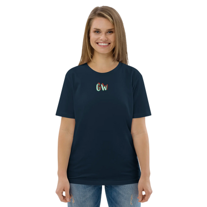 French navy unisex organic cotton T-shirt with small multicolor chest logo