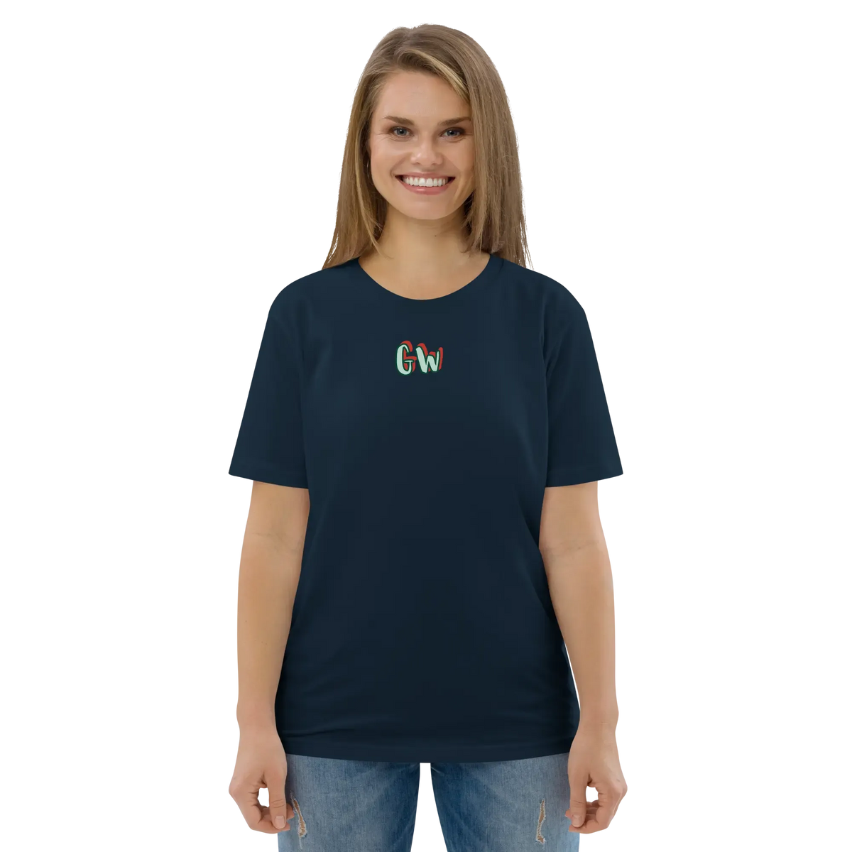 French navy unisex organic cotton T-shirt with small multicolor chest logo
