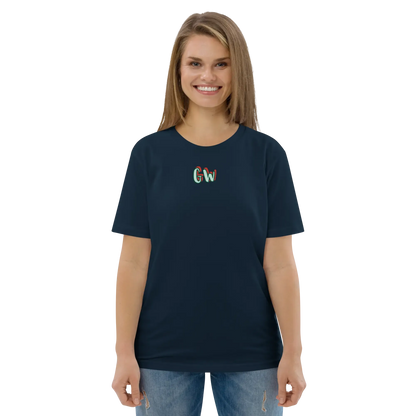 French navy unisex organic cotton T-shirt with small multicolor chest logo