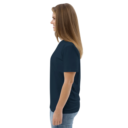 Unisex organic cotton T-shirt, dark blue, back-side angle showing short sleeves