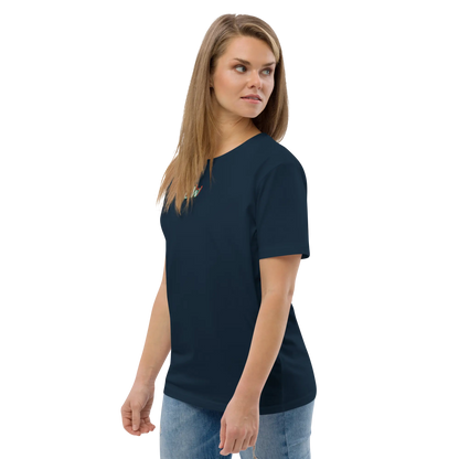 French navy unisex organic cotton T-shirt, side view with small multicolor chest logo