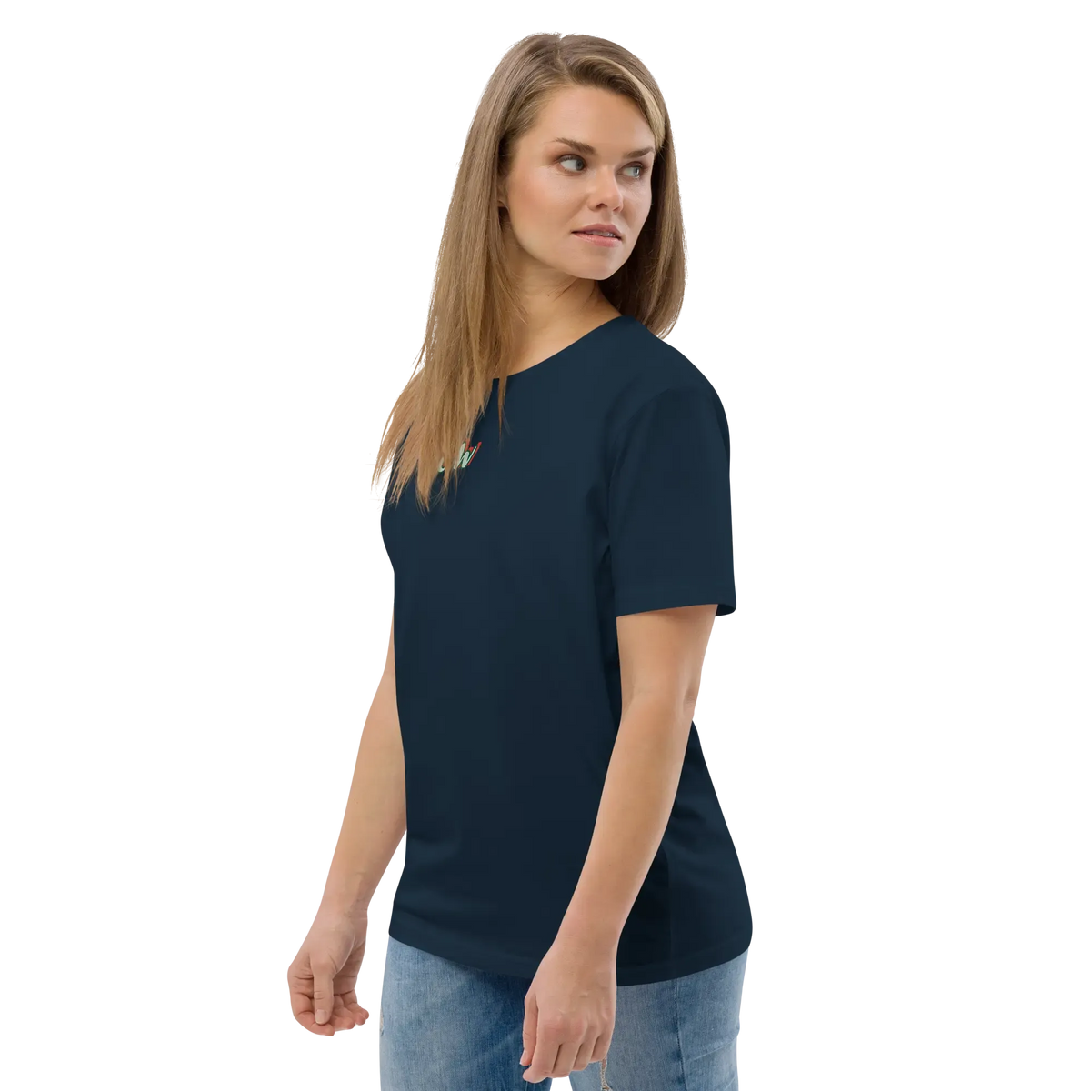 French navy unisex organic cotton T-shirt, side view with small multicolor chest logo