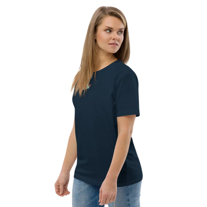 French navy unisex organic cotton T-shirt, side view with small multicolor chest logo