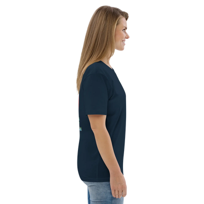 Unisex organic cotton T-shirt, dark navy, side view with chest logo
