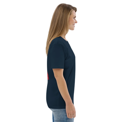 Unisex organic cotton T-shirt, dark blue, side view with small chest logo