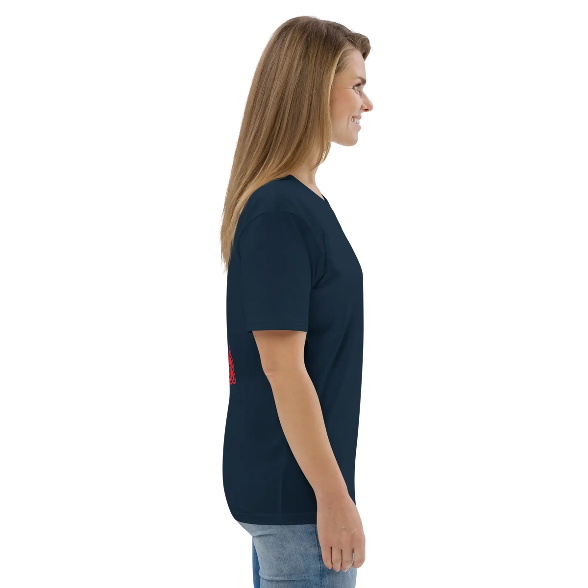 Unisex organic cotton T-shirt, dark blue, side view with small chest logo