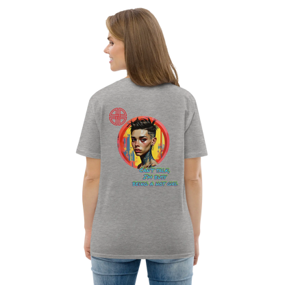 Heather grey T-shirt back view with large graphic print, crew neck, short sleeves