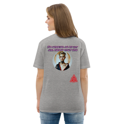 Unisex organic cotton T-shirt, heather grey, back graphic with text and round portrait
