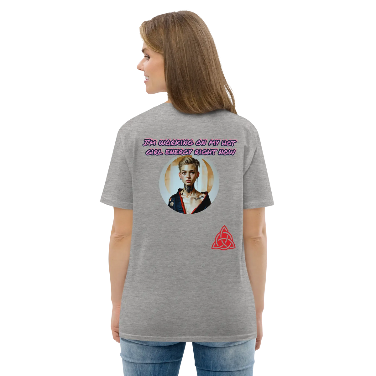 Unisex organic cotton T-shirt, heather grey, back graphic with text and round portrait