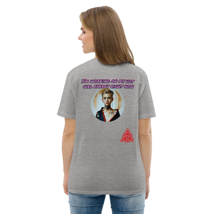 Unisex organic cotton T-shirt, heather grey, back graphic with text and round portrait