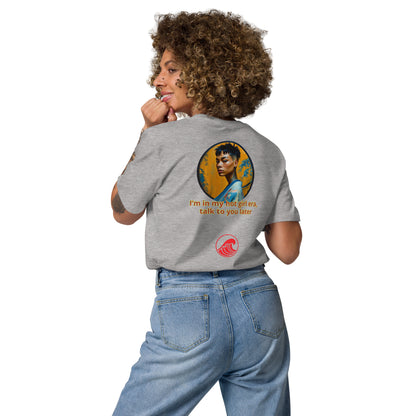 Heather grey unisex organic cotton T-shirt, back print with circular portrait and red logo