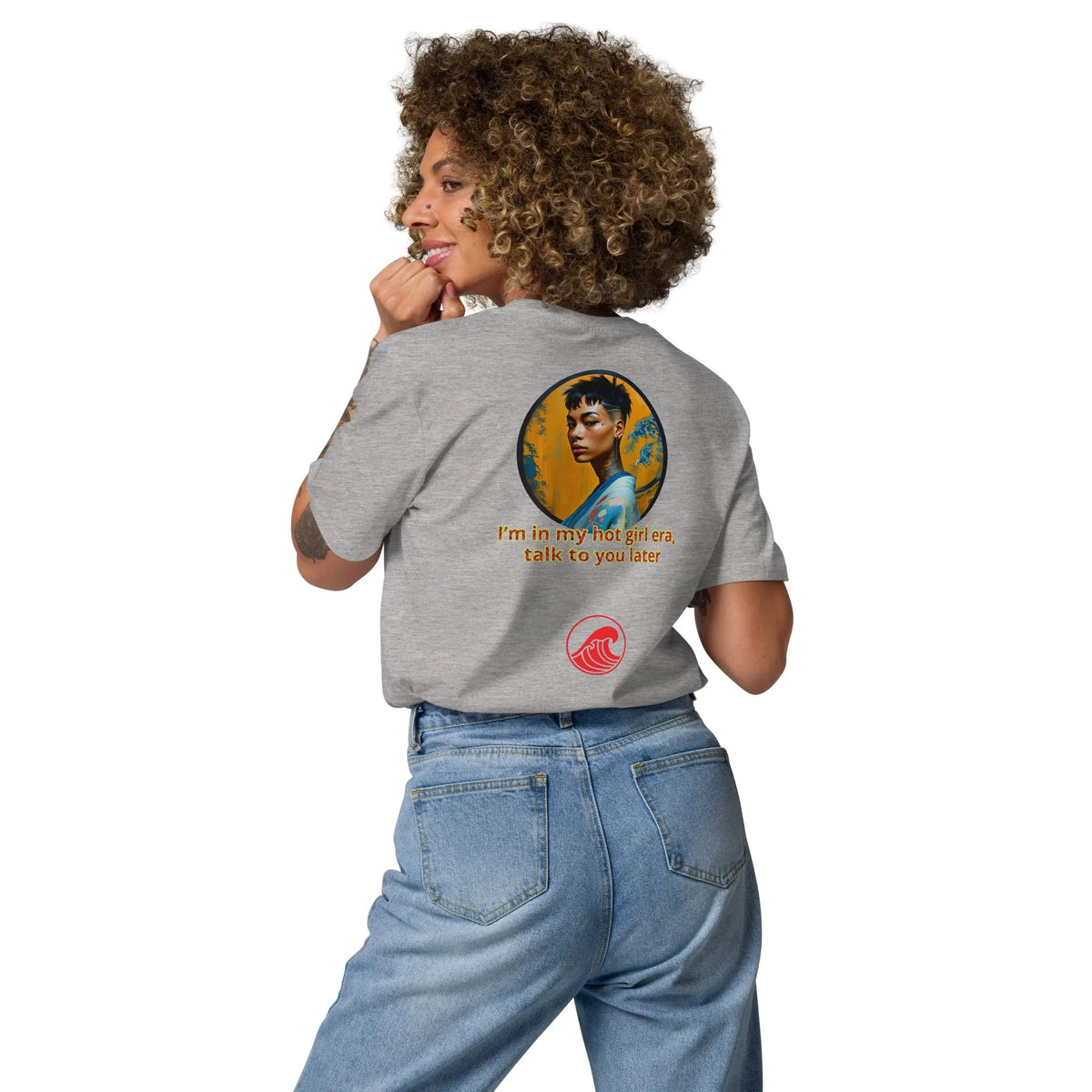 Heather grey unisex organic cotton T-shirt, back print with circular portrait and red logo