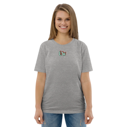 Unisex organic cotton T-shirt in heather grey with small multicolor GW logo, front view