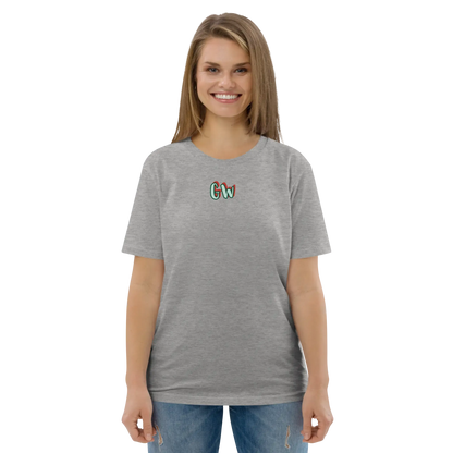 Unisex organic cotton T-shirt in heather grey with small multicolor GW logo, front view