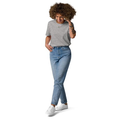Heather grey unisex organic cotton T-shirt, front with small chest graphic