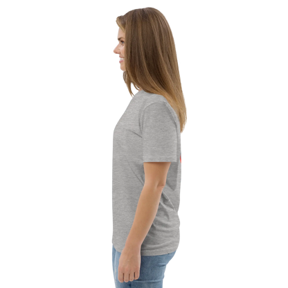 Heather grey T-shirt angled side view, crew neck and short sleeves