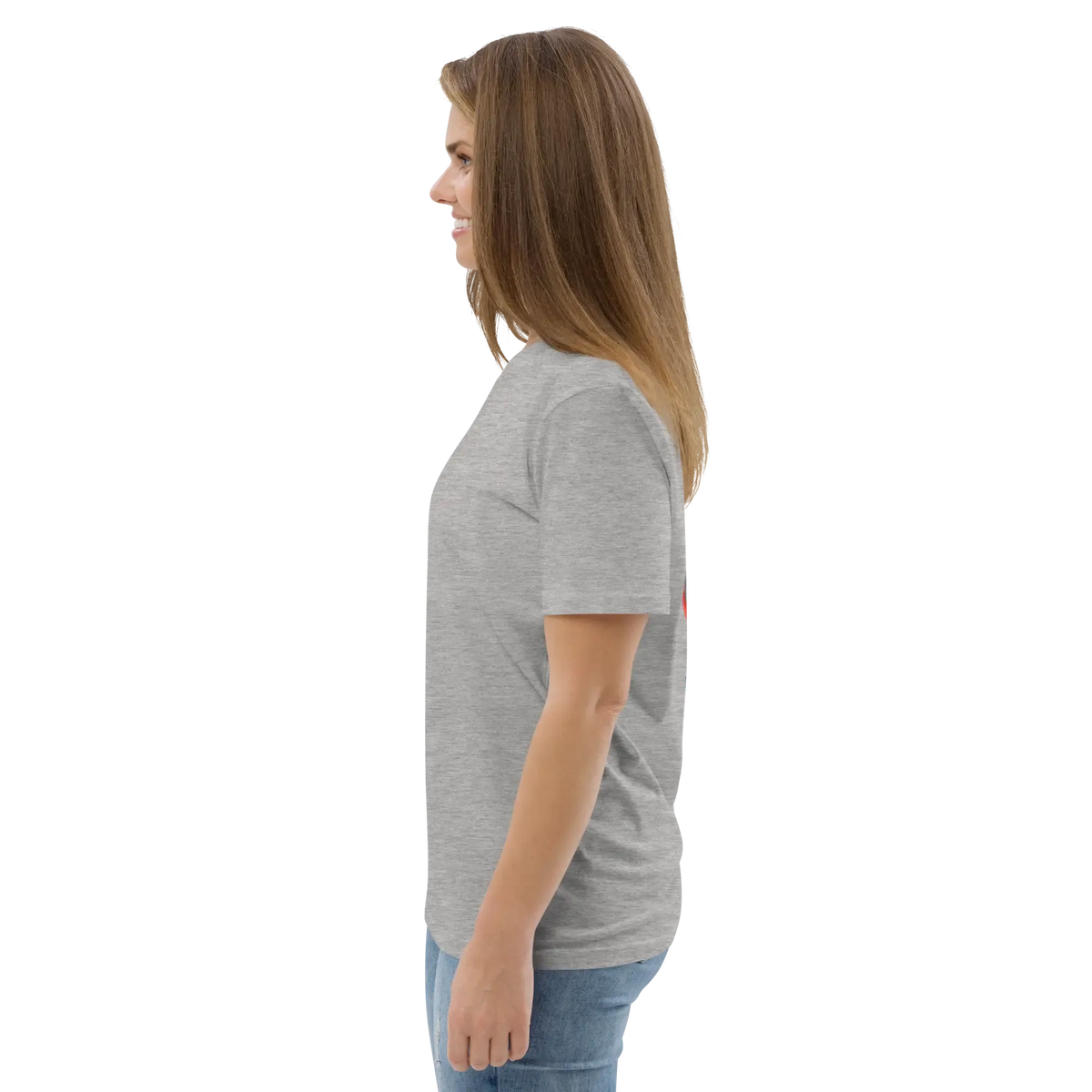Heather grey T-shirt angled side view, crew neck and short sleeves