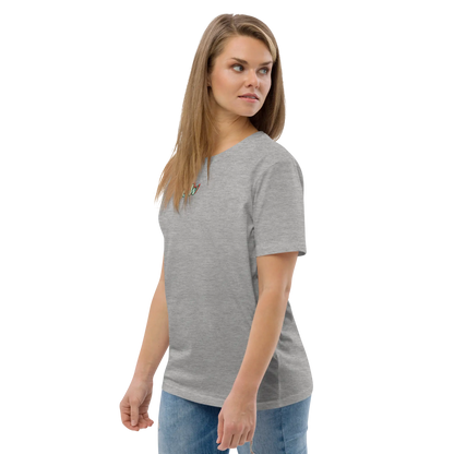 Unisex organic cotton T-shirt in heather grey, crew neck, short sleeves, side view