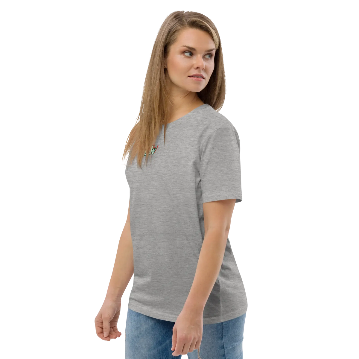 Unisex organic cotton T-shirt in heather grey, crew neck, short sleeves, side view