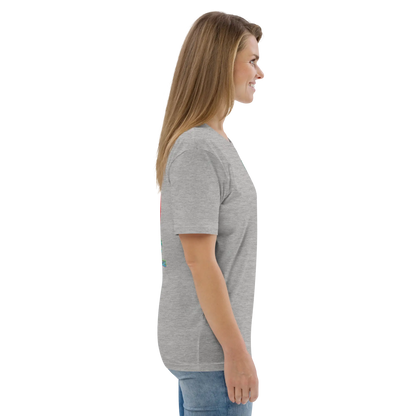 Heather grey T-shirt side profile, short sleeves and crew neckline