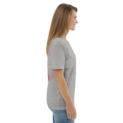Unisex organic cotton T-shirt in heather grey, sleeve logo visible, side profile