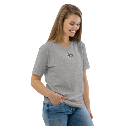Heather grey T-shirt front view with small chest logo, crew neck, short sleeves