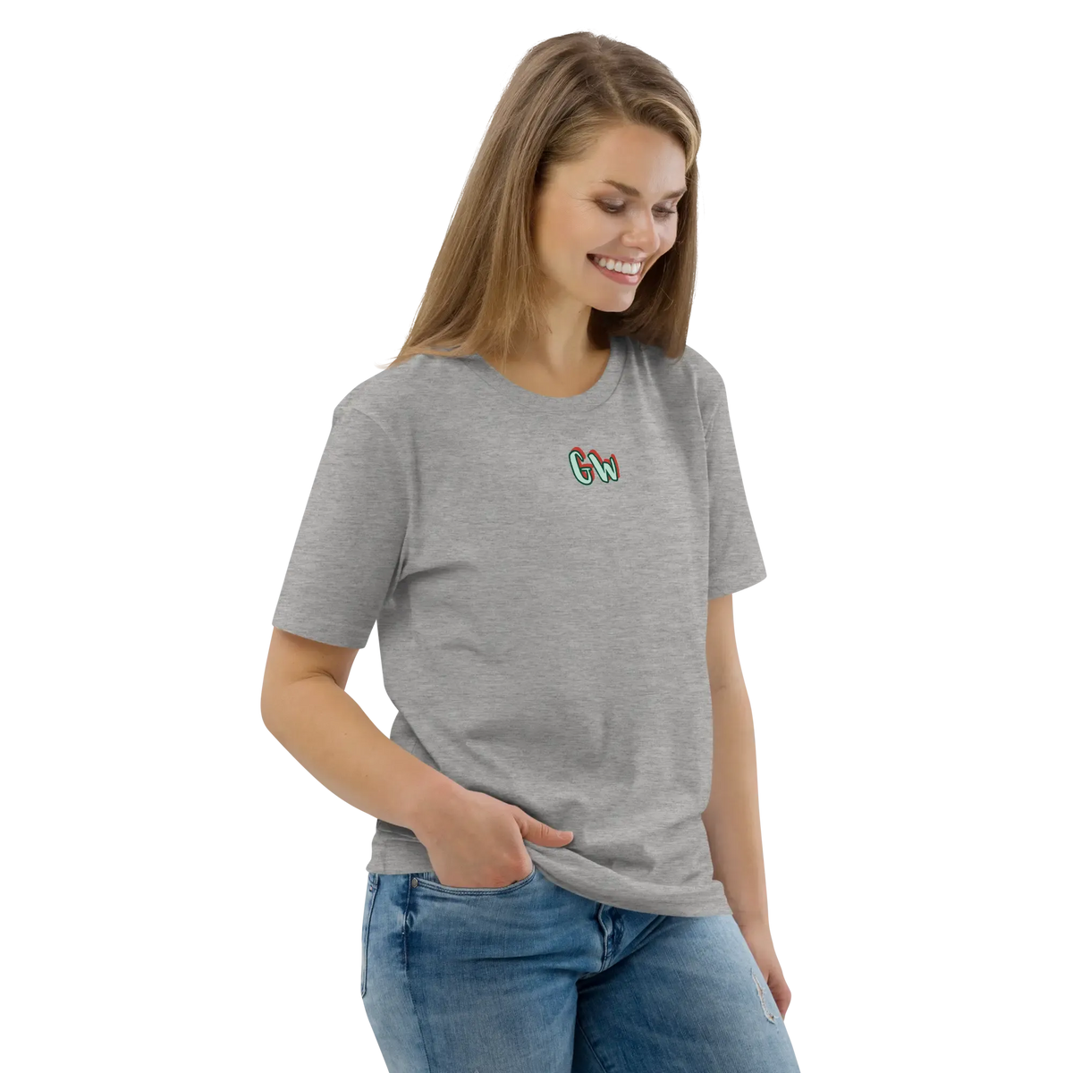 Heather grey T-shirt front view with small chest logo, crew neck, short sleeves