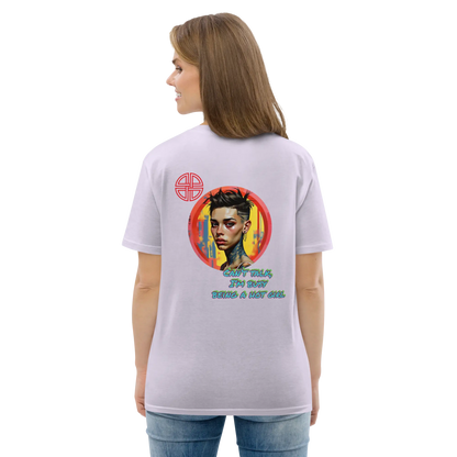 Lavender unisex organic cotton T-shirt, back graphic print, crew neck and short sleeves.