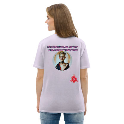 Lavender unisex organic cotton T-shirt back graphic with slogan and red flame emblem