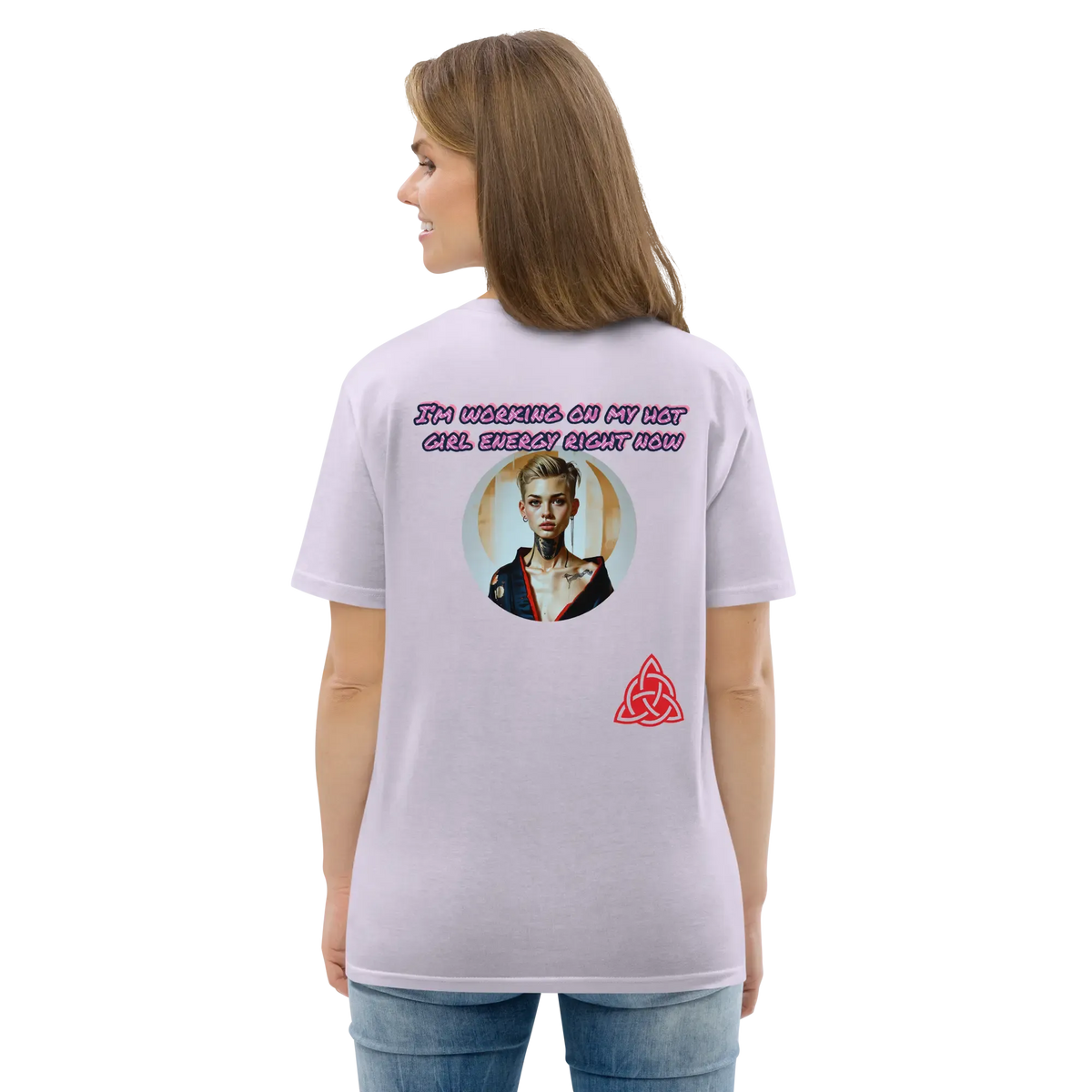 Lavender unisex organic cotton T-shirt back graphic with slogan and red flame emblem