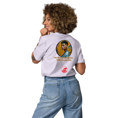 Lavender unisex organic cotton T-shirt, back graphic print with red icon