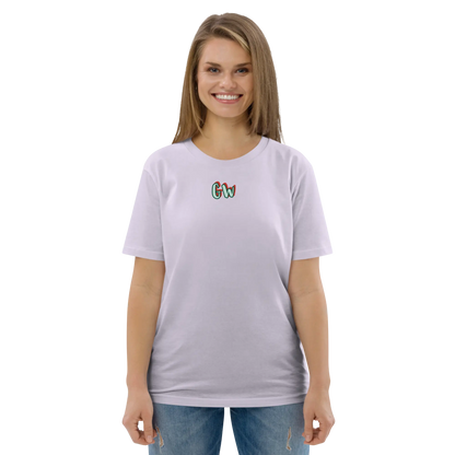 Lavender unisex organic cotton T-shirt with small chest logo, crew neck and short sleeves.