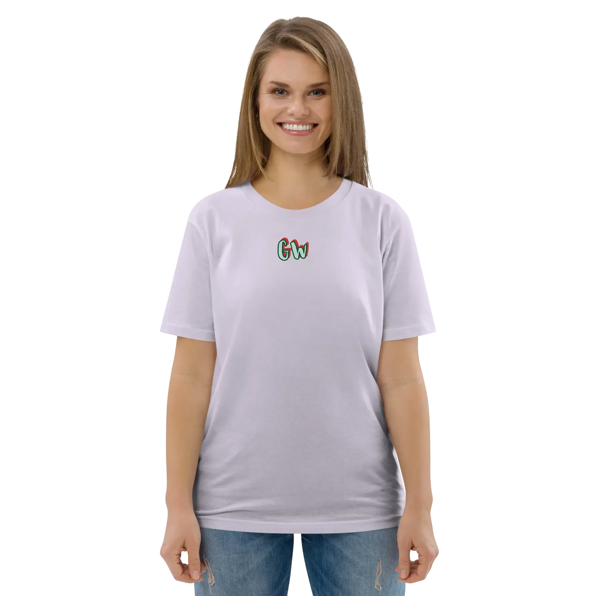 Lavender unisex organic cotton T-shirt with small chest logo, crew neck and short sleeves.