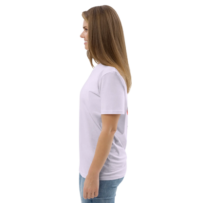 Lavender organic cotton T-shirt from side profile with short sleeves and chest logo