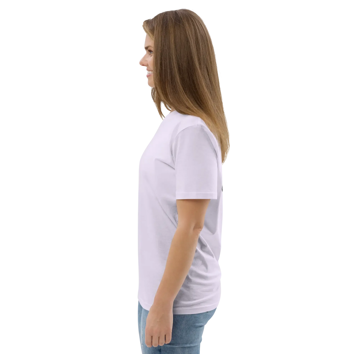 Lavender unisex organic cotton T-shirt side view showing short sleeves and hem