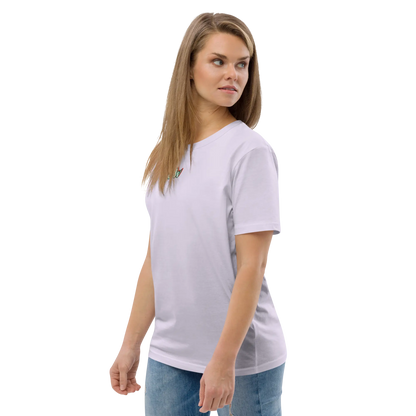 Lavender unisex organic cotton T-shirt with crew neck, short sleeves, small chest logo