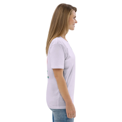 Lavender T-shirt side view with short sleeves and small chest logo on organic cotton
