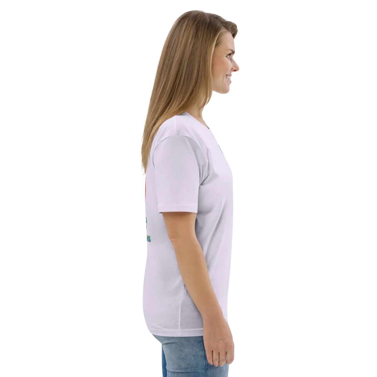 Lavender T-shirt side view with short sleeves and small chest logo on organic cotton