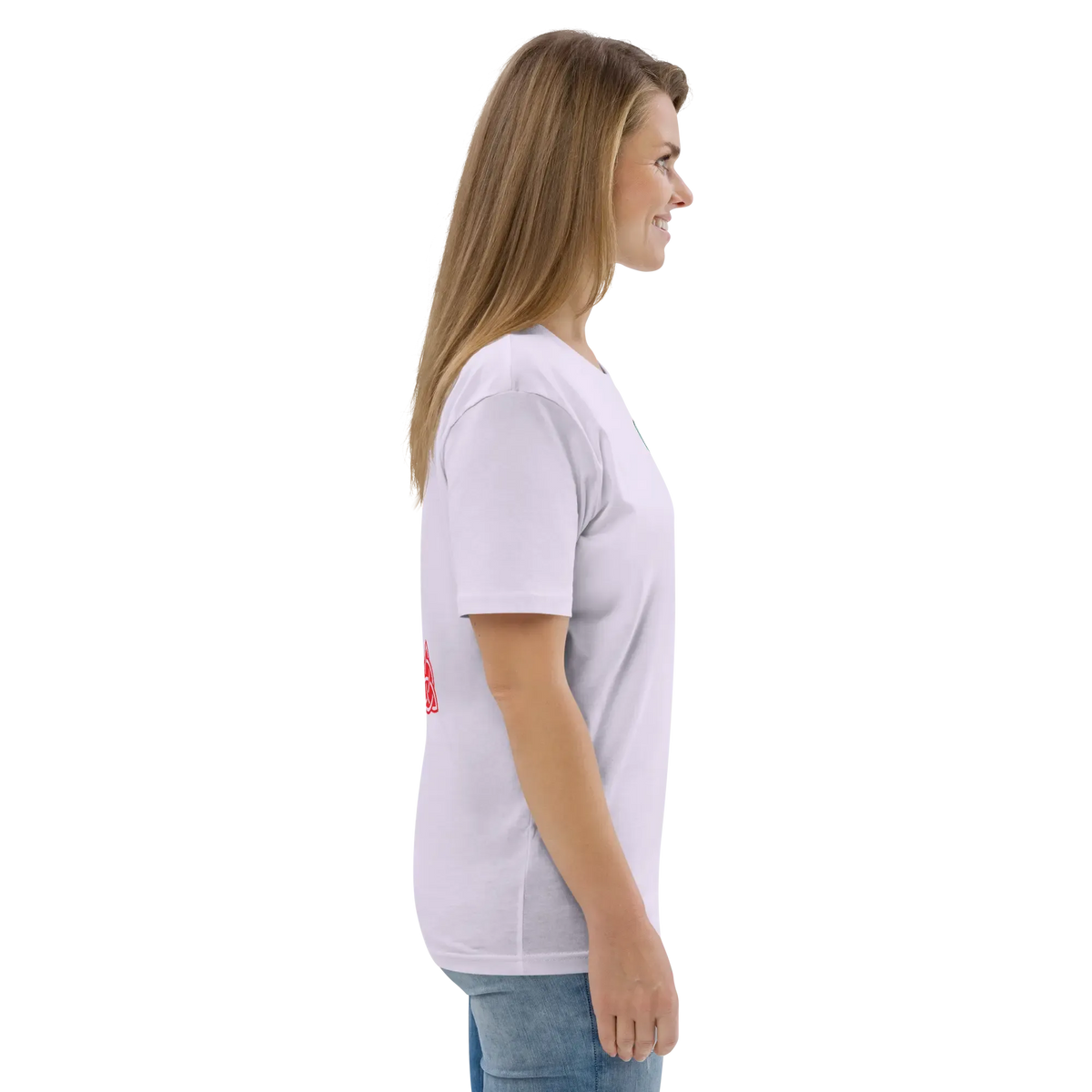 Lavender unisex organic cotton T-shirt in side view, short sleeves and logo