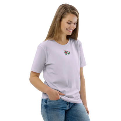 Lavender T-shirt with small multicolor chest logo and crew neckline, short sleeves